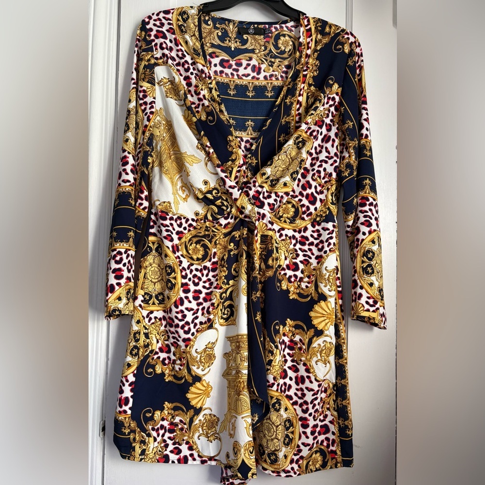 Baroque Navy/Gold Print Faux Wrap Dress Long Sleeve V-Neck Tie Waist, Sz: 12